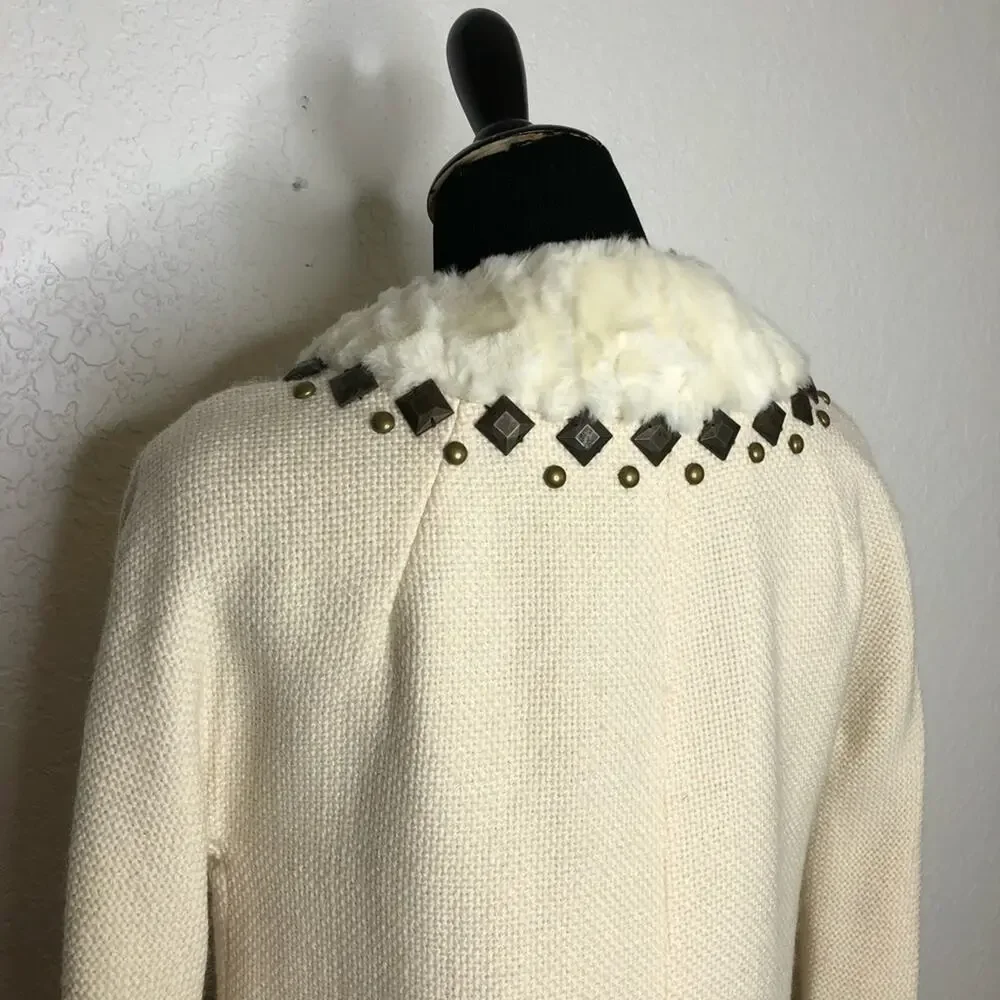 Rebecca Taylor cream tweed fur studded collar wool blend blazer size 6